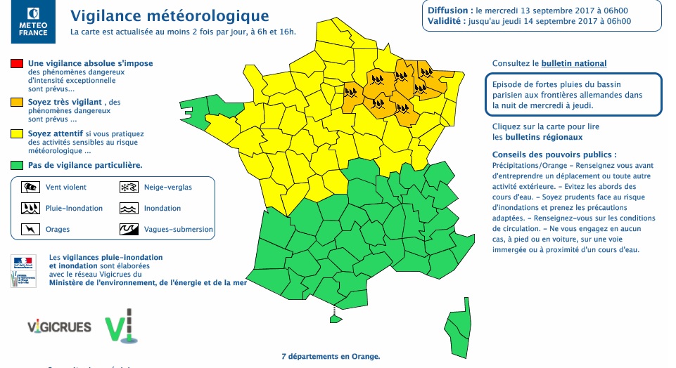 Alerte aux fortes pluies, 7 départements en vigilance orange