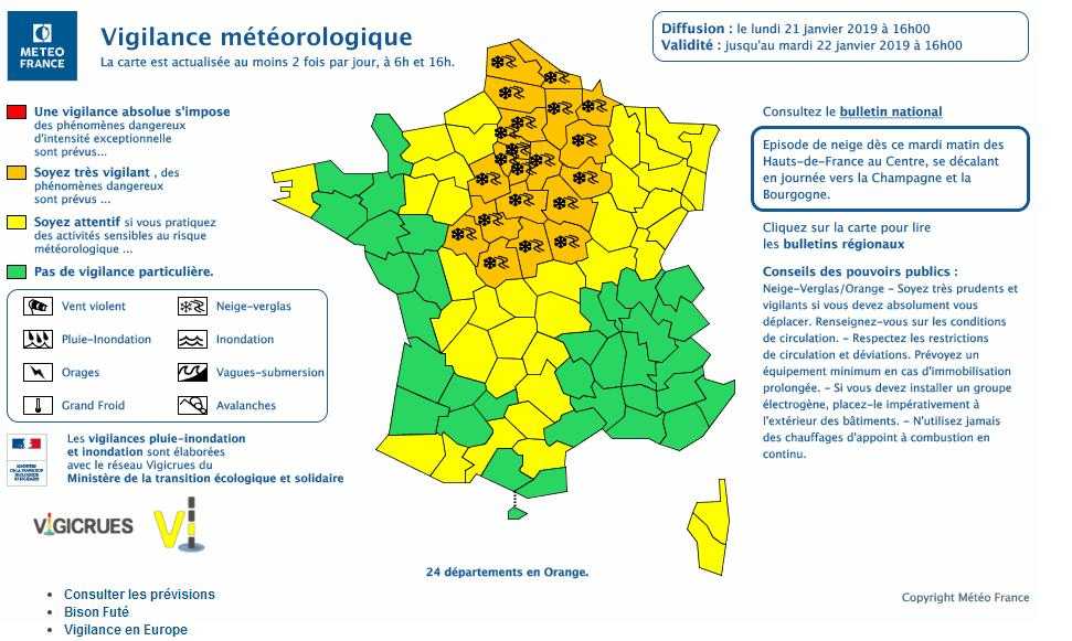 Neige, Météo France place 24 départements en alerte orange
