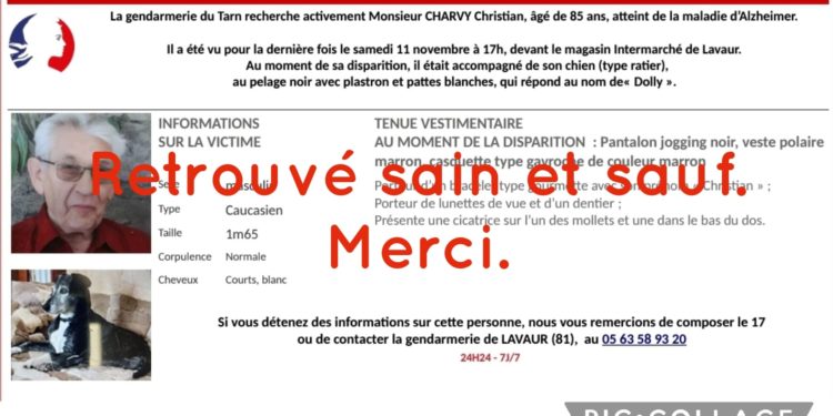 Disparu depuis 4 jours à Lavaur Christian Charvy retrouvé vivant