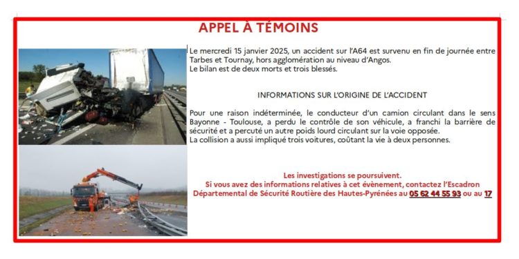 Après la mort de 2 personnes dans un accident sur l'autoroute Tarbes Toulouse, la gendarmerie lance un appel à témoins