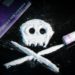 A skull and crossbones shape made of white powder on a black surface